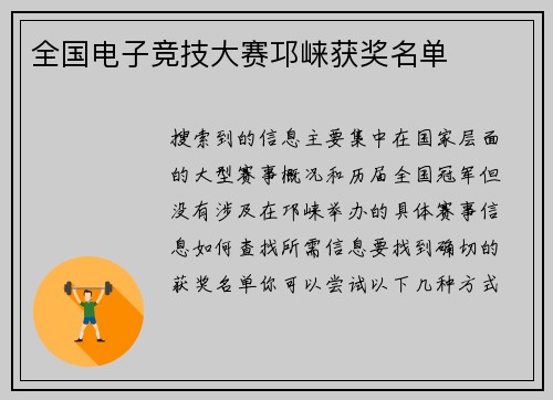 全国电子竞技大赛邛崃获奖名单